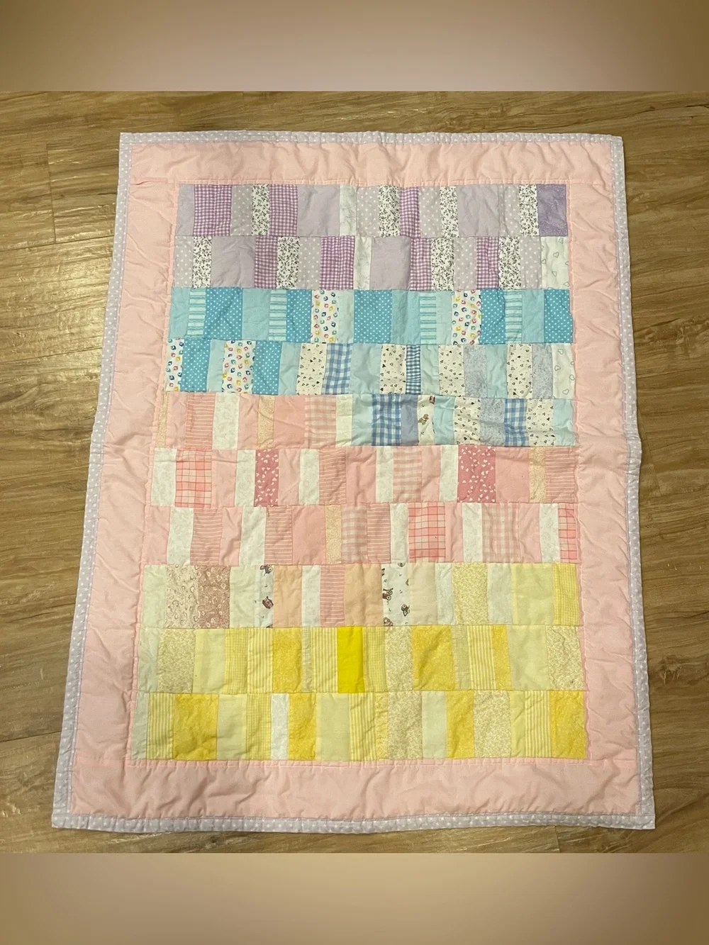 Vintage Baby Quilt • 33 X 43 inch • Pastels 1990s • OOAK Handmade